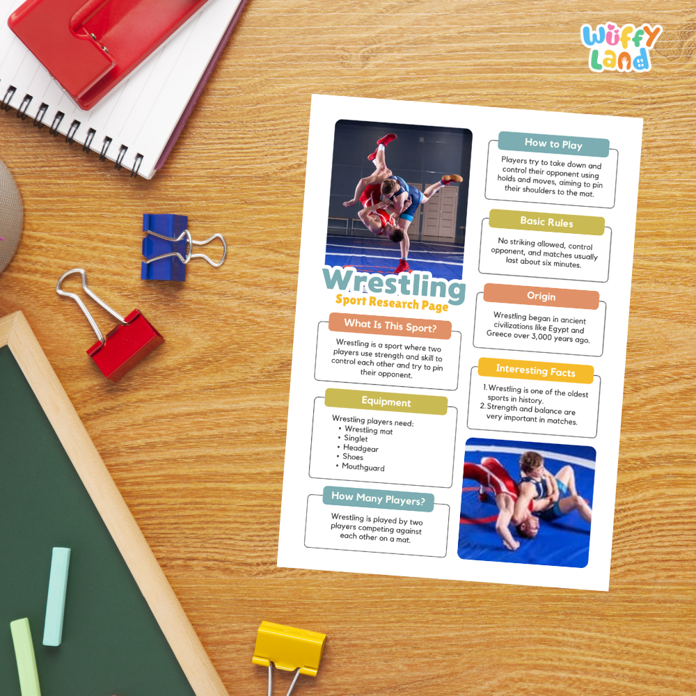 A printed educational poster about Wrestling Sport Research Page lies on a wooden desk, surrounded by school supplies including a red spiral notebook, blue and red binder clips, a green chalkboard, and a blue and white 'wiffly land' logo in the top right.