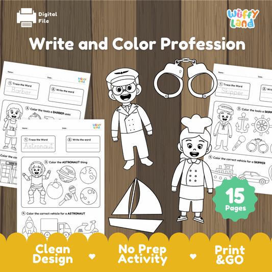 Write and color profession printable community helpers and handwriting activity pack overview from Wuffy Land featuring 15 pages 👨‍✈️👩‍🍳