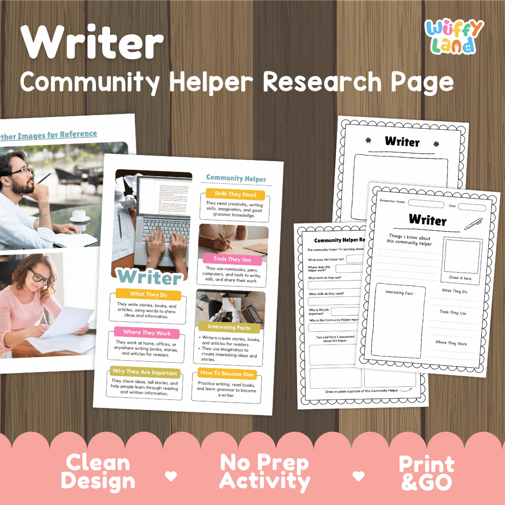 Writer community helper research page writing worksheets pack featuring real photos and student activity pages for elementary social studies and language arts