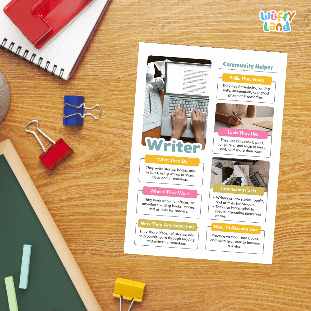 Guided student writing worksheets with lined sections for recording facts and a dedicated box for drawing or pasting a picture of a writer