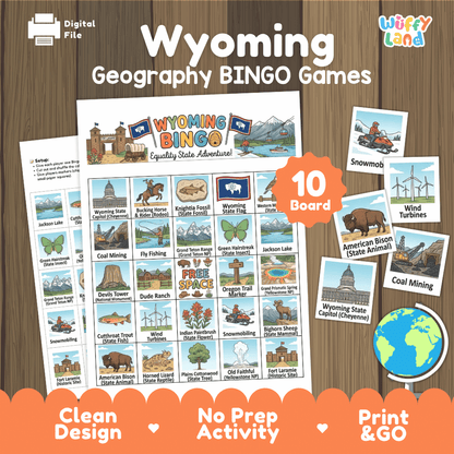 Wyoming Geography BINGO Game Equality State Activity Printable Boards