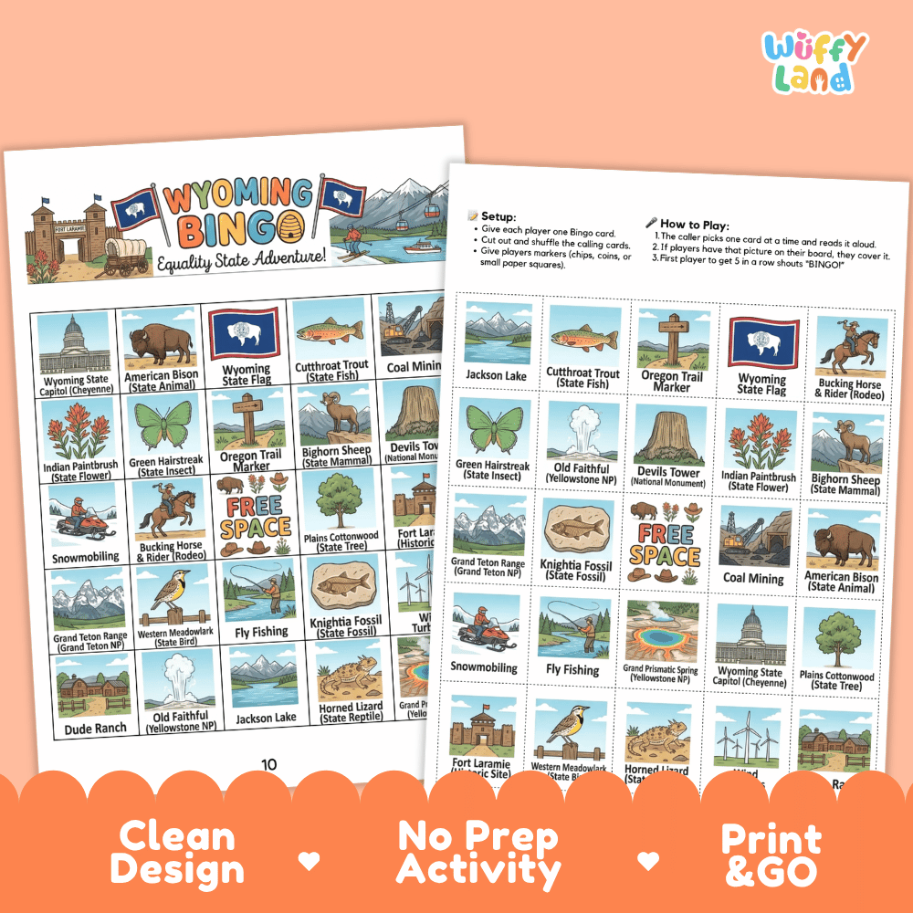 Wyoming Geography BINGO Game Equality State Activity Printable Boards