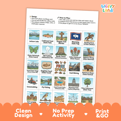 Wyoming Geography BINGO Game Equality State Activity Printable Boards