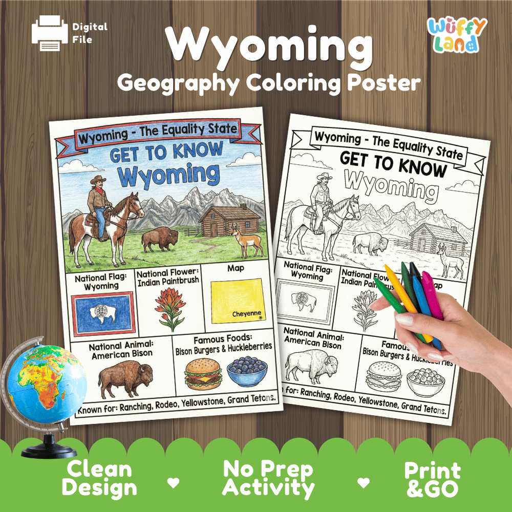 Wyoming Geography Coloring Poster Worksheets