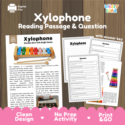 Xylophone reading comprehension passage and questions printable activity pack with answer key for elementary students