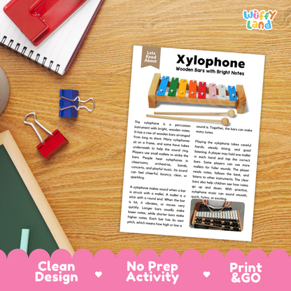 Student reading comprehension worksheet with short-answer questions and lined sections about the xylophone instrument