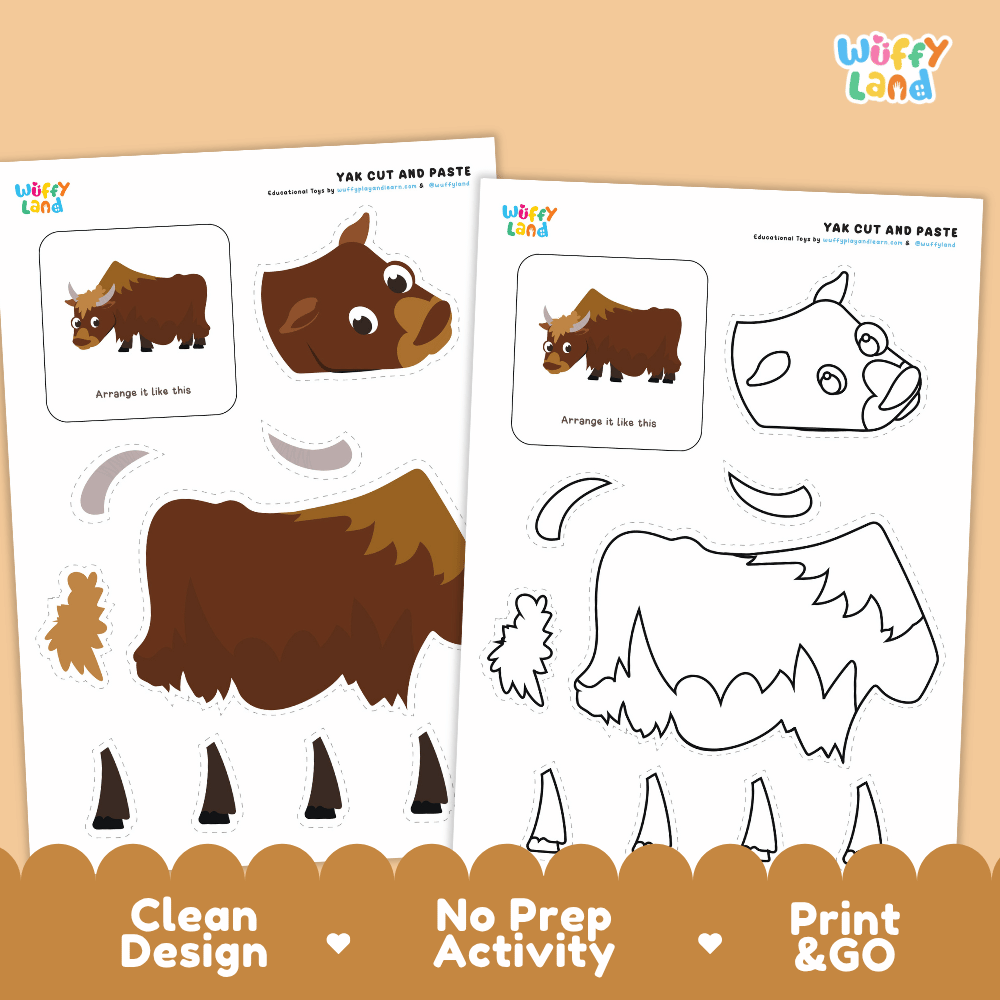 Yak Cut and Paste Craft and Coloring Pages Activity Worksheets