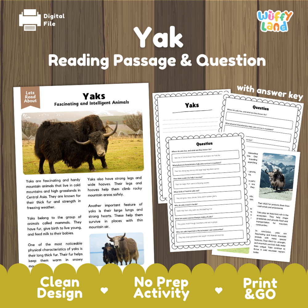 Digital reading activity bundle for 'Yaks' featuring a reading passage, worksheet templates, and answer key pages, presented on a wood-grain background with promotional text banners at the bottom.