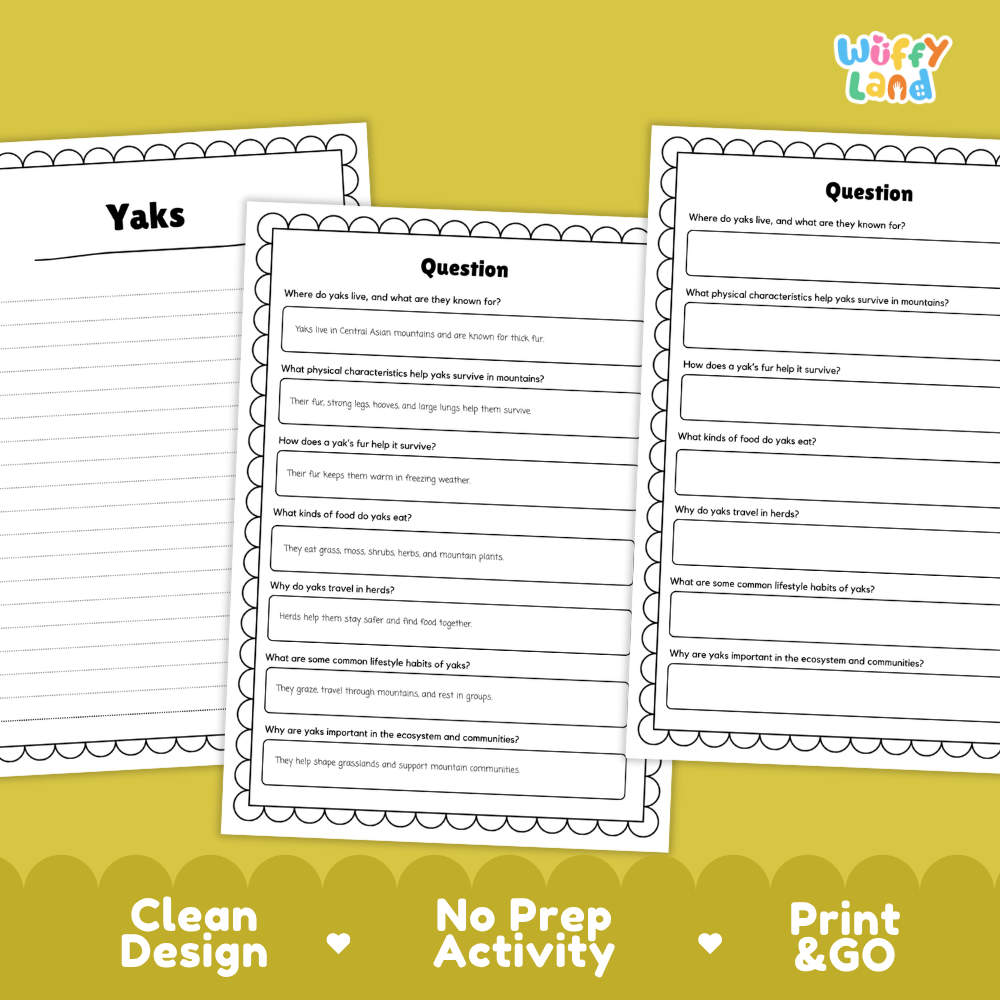 Yak Reading Passage and Comprehension Questions Worksheets with Answer Key