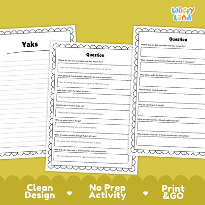 Yak Reading Passage and Comprehension Questions Worksheets with Answer Key