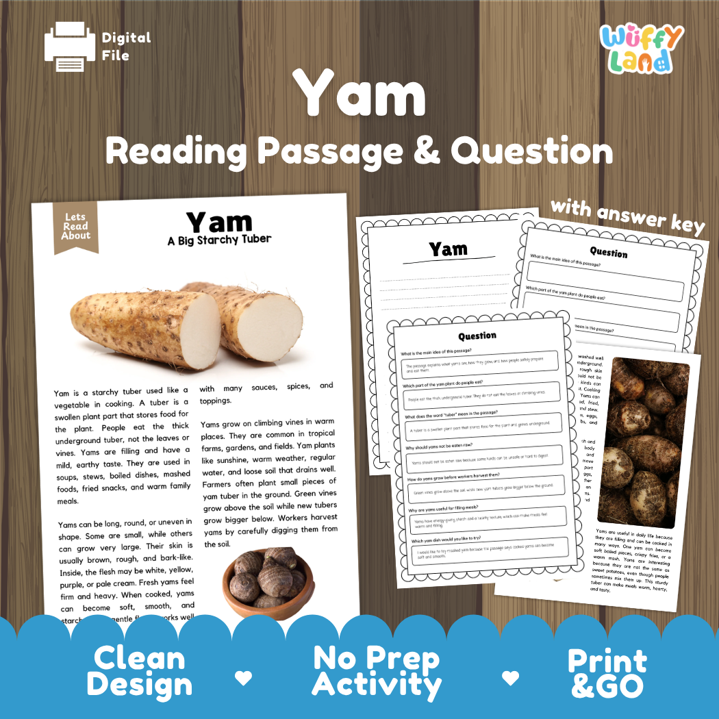 Yam reading comprehension passage and questions printable activity pack with answer key for elementary students
