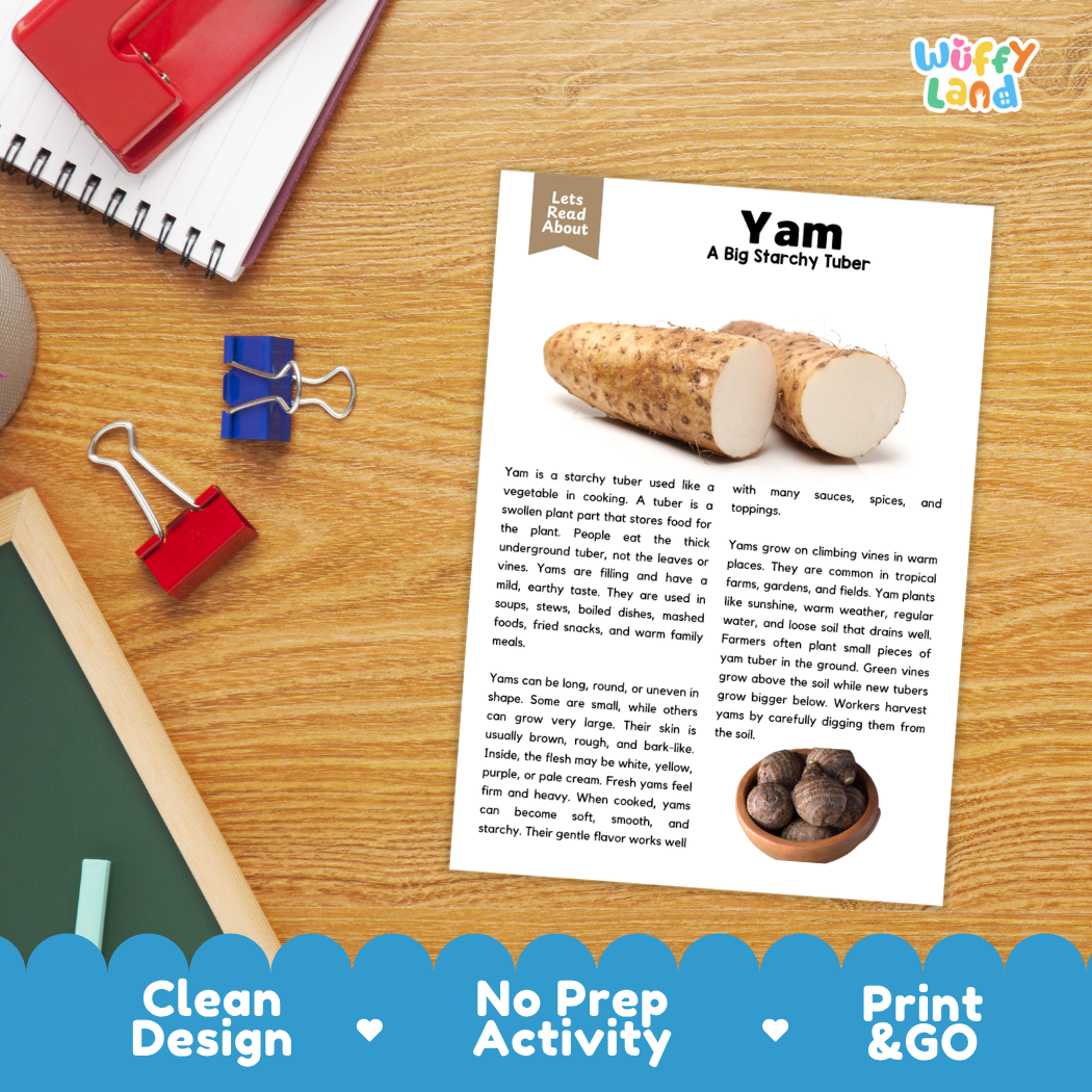 Student reading comprehension worksheet with short-answer questions and lined sections about yam tuber vegetables