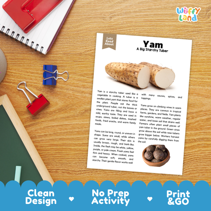 Student reading comprehension worksheet with short-answer questions and lined sections about yam tuber vegetables