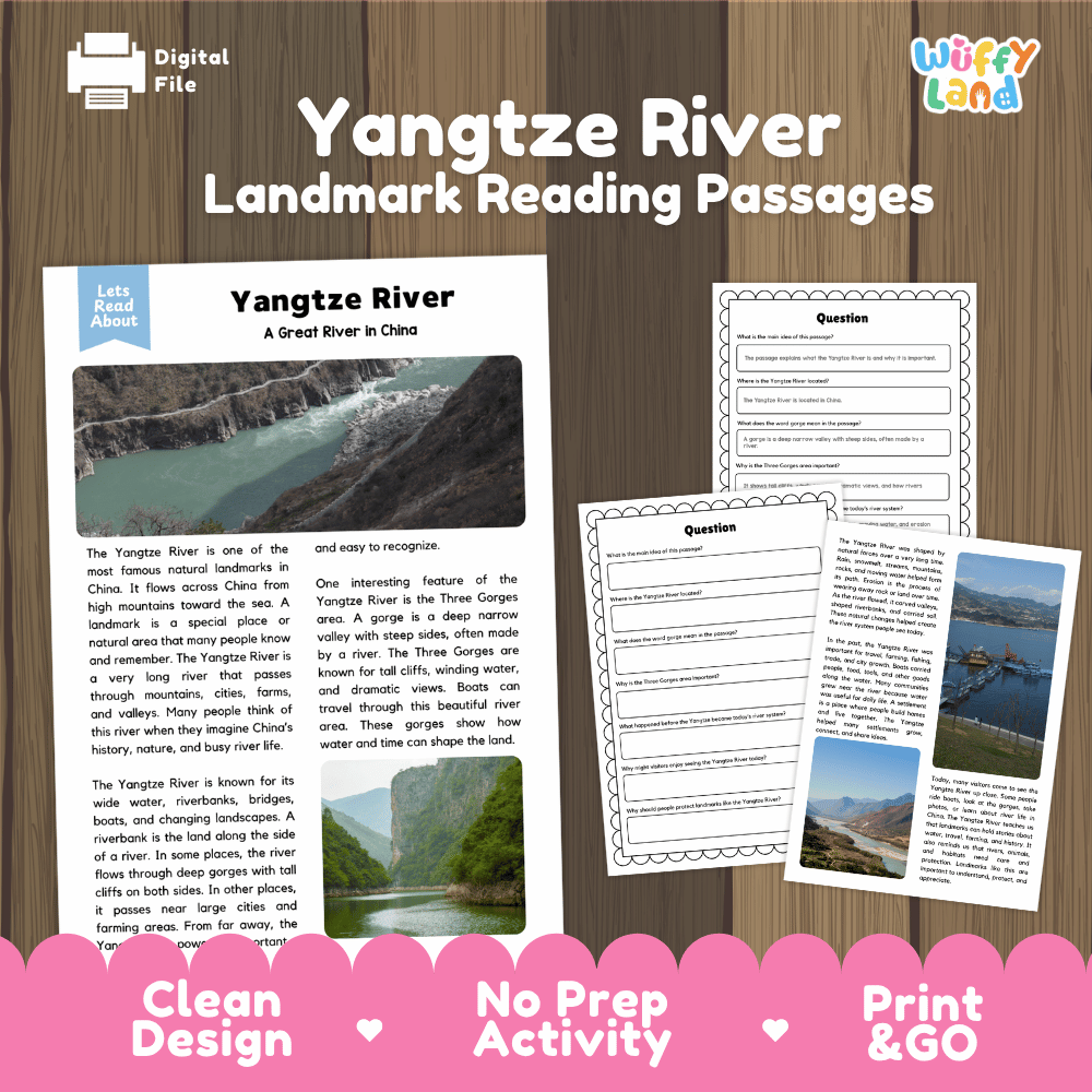 Yangtze River landmark reading passages educational study unit featuring nonfiction reading worksheets and authentic Three Gorges China river photography