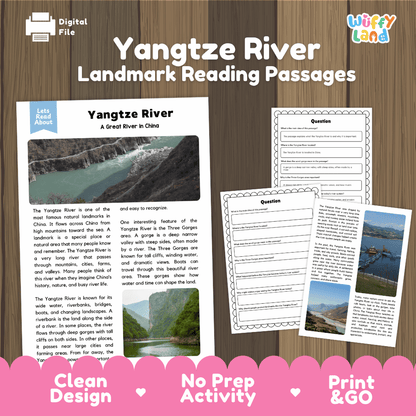 Yangtze River landmark reading passages educational study unit featuring nonfiction reading worksheets and authentic Three Gorges China river photography