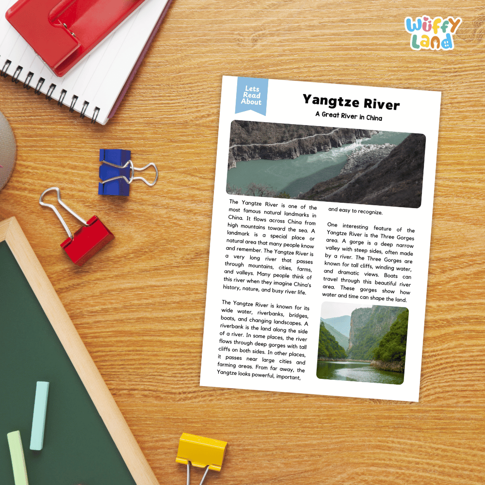 Lined reading comprehension question worksheet covering main ideas vocabulary terms and landmark facts about the Yangtze River