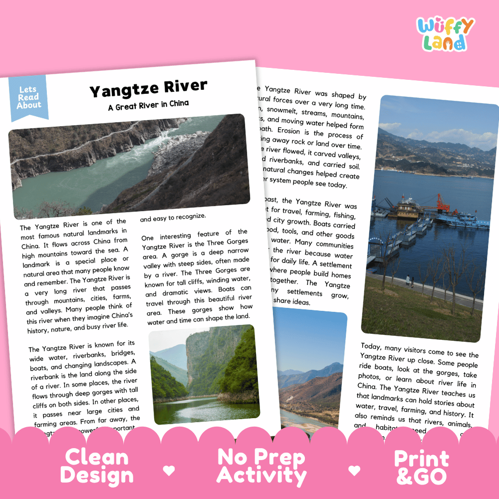 Reference sheet and answer key for Yangtze River landmark reading passage displaying completed comprehension answers and Asian geography facts
