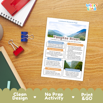 An educational 'Landmark Research Page' about the Yangtze River laid out on a wooden desk with school supplies like a spiral notebook, binder clips, and a chalkboard. The page features colorful text boxes, maps, and landscape photos.