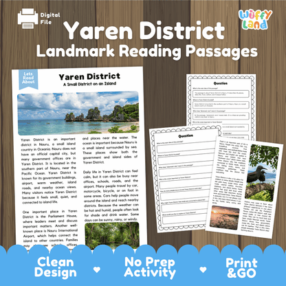Yaren District landmark reading passage and comprehension worksheet educational unit featuring nonfiction text and authentic Nauru island pinnacles photography