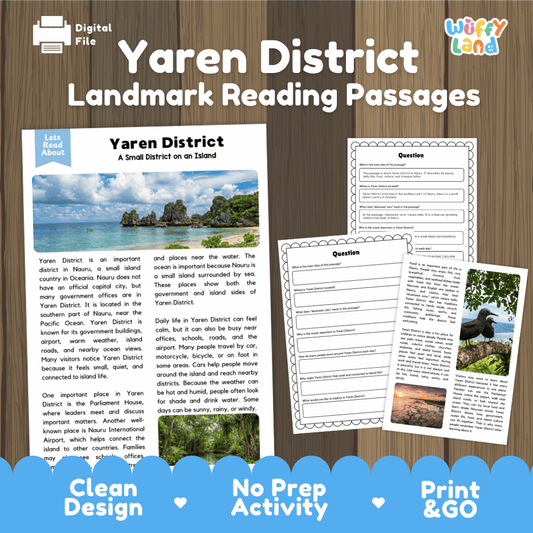 Yaren District landmark reading passage and comprehension worksheet educational unit featuring nonfiction text and authentic Nauru island pinnacles photography