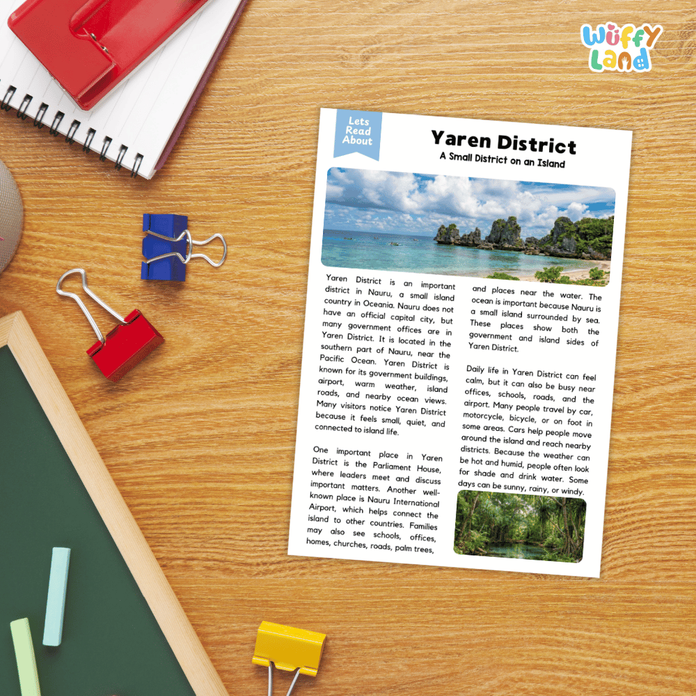 Lined reading comprehension question worksheet covering main ideas vocabulary terms and landmark facts about Yaren District Nauru