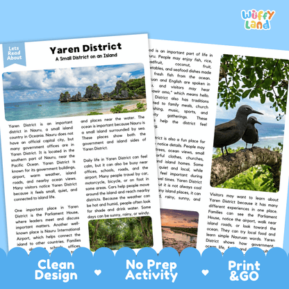 Reference sheet and answer key for Yaren District landmark reading passage displaying completed comprehension answers and Pacific geography facts