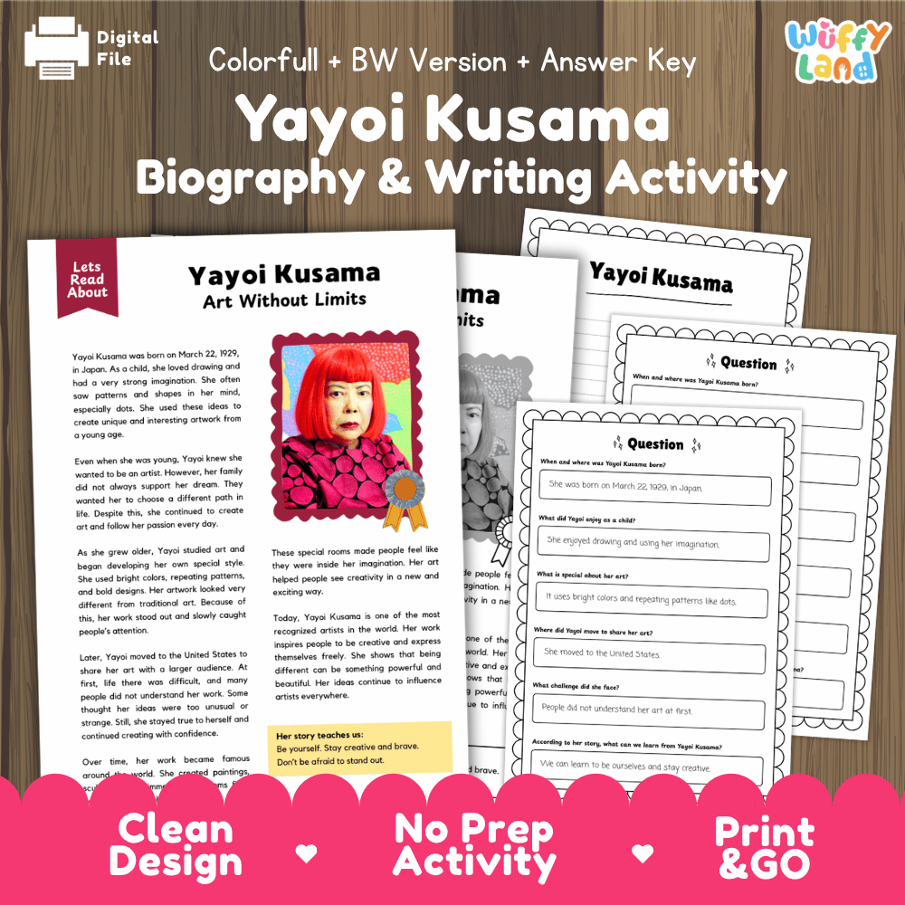 Digital printable activity sheet set for 'Yayoi Kusama Biography & Writing Activity' by Uffy Land, featuring a colorful cover page, black-and-white worksheet pages, and a writing prompt sheet, displayed on a wood background with a pink 'Clean Design No Prep Activity Print & Go' banner at the bottom.