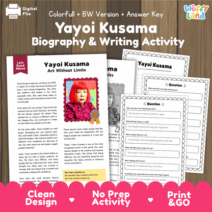 Digital printable activity sheet set for 'Yayoi Kusama Biography & Writing Activity' by Uffy Land, featuring a colorful cover page, black-and-white worksheet pages, and a writing prompt sheet, displayed on a wood background with a pink 'Clean Design No Prep Activity Print & Go' banner at the bottom.