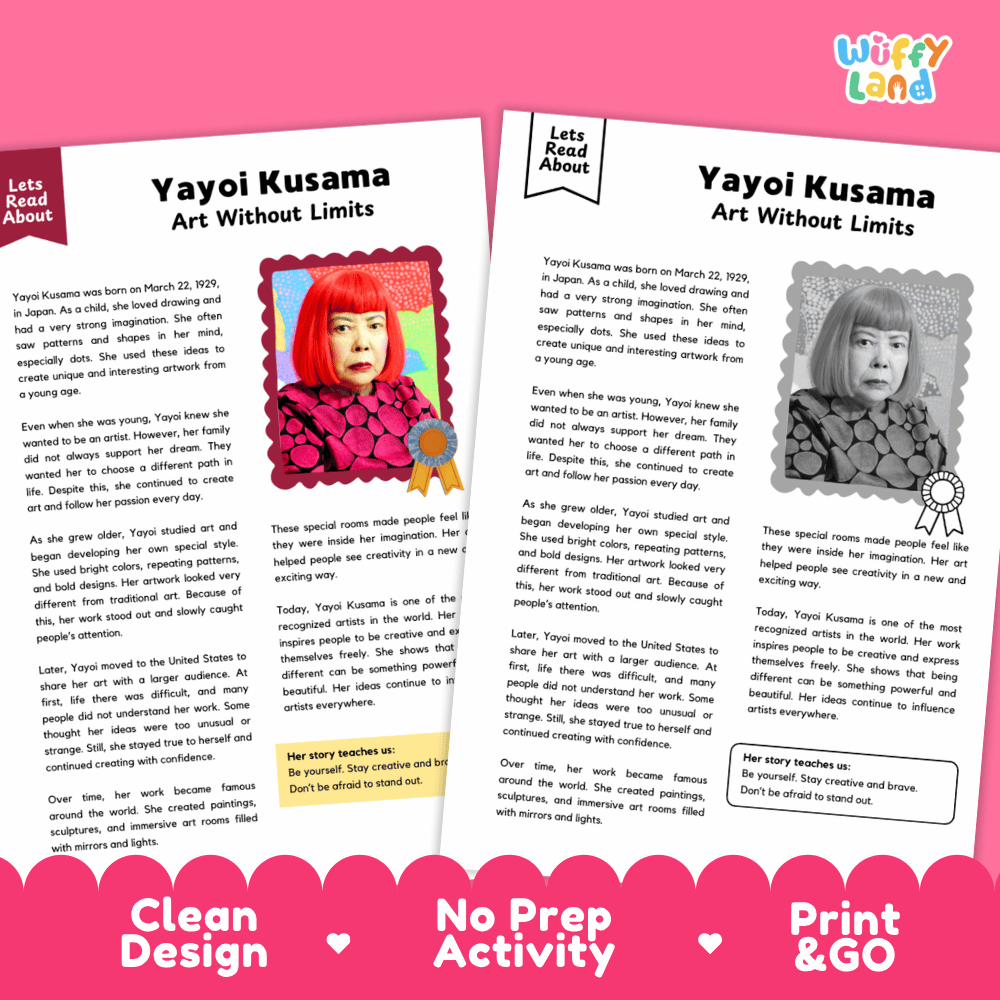 Two printed activity sheets for a children's art project titled 'Yayoi Kusama Art Without Limits' by Wiffly Land, shown on a pink background with promotional text reading 'Clean Design', 'No Prep Activity', and 'Print & GO'. The sheets include text blocks, a photo of Yayoi Kusama with bright pink hair, and an art prompt.