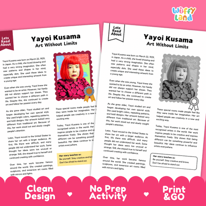 Two printed activity sheets for a children's art project titled 'Yayoi Kusama Art Without Limits' by Wiffly Land, shown on a pink background with promotional text reading 'Clean Design', 'No Prep Activity', and 'Print & GO'. The sheets include text blocks, a photo of Yayoi Kusama with bright pink hair, and an art prompt.