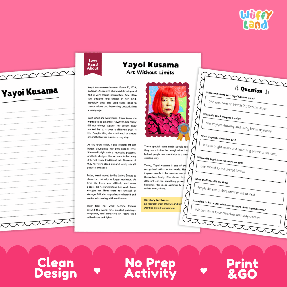 A printable educational activity sheet set about Yayoi Kusama, shown as three overlapping worksheet pages on a bright pink background. The center page is titled 'Yayoi Kusama Art Without Limits' and includes a portrait photo of Yayoi Kusama with text about her.