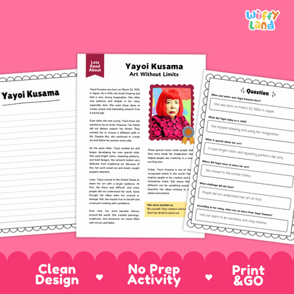 A printable educational activity sheet set about Yayoi Kusama, shown as three overlapping worksheet pages on a bright pink background. The center page is titled 'Yayoi Kusama Art Without Limits' and includes a portrait photo of Yayoi Kusama with text about her.