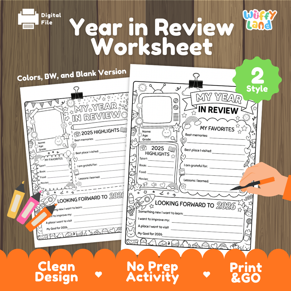 Digital worksheet preview titled 'Year in Review Worksheet' on a wood background, showing two printable worksheet pages with black-and-white activity sections, plus a green '2 Style' badge and a hand holding a pen. Brand text 'Wiffly Land' appears in the top right.