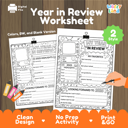 Digital worksheet preview titled 'Year in Review Worksheet' on a wood background, showing two printable worksheet pages with black-and-white activity sections, plus a green '2 Style' badge and a hand holding a pen. Brand text 'Wiffly Land' appears in the top right.