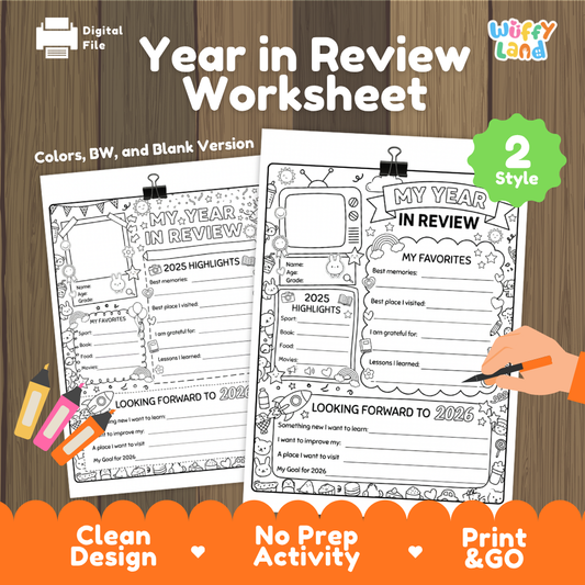 Digital worksheet preview titled 'Year in Review Worksheet' on a wood background, showing two printable worksheet pages with black-and-white activity sections, plus a green '2 Style' badge and a hand holding a pen. Brand text 'Wiffly Land' appears in the top right.