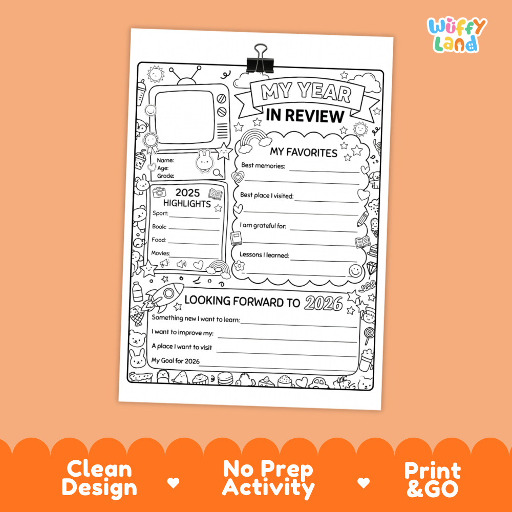 A black-and-white printable worksheet titled "My Year in Review" shown on an orange background. The sheet includes lined writing areas, labeled sections for highlights and goals, and doodled decorative borders.