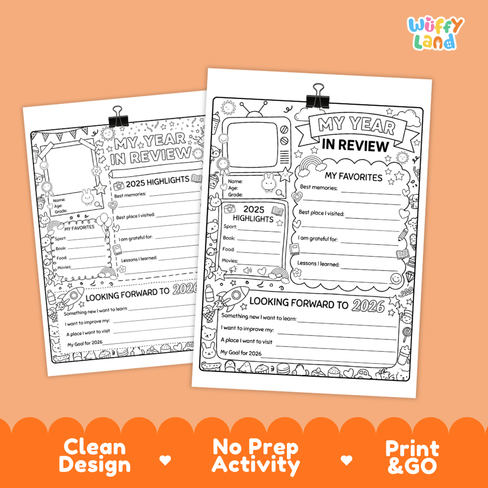 Two printable 'My Year in Review' activity sheets shown on an orange background, with a Wiffy Land logo in the top right and marketing text along the bottom: 'Clean Design', 'No Prep Activity', and 'Print & GO'. The sheets are black-and-white line drawings with fill-in areas for highlights, favorites, goals, and reflections.