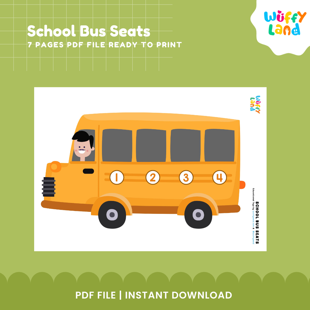 Printable yellow school bus mat with numbered passenger window seats 1 2 3 4 and driver graphic 🚍🔢