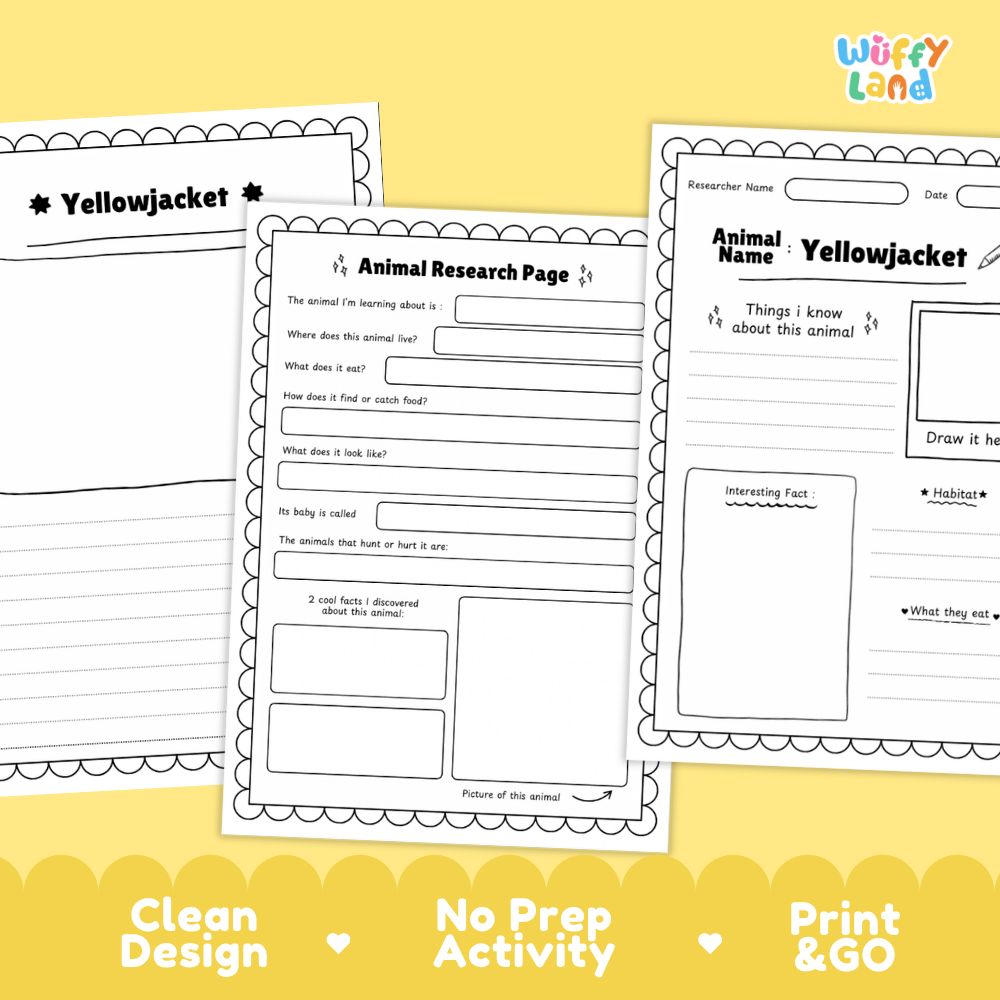 Three printable worksheet pages for an animal research activity titled 'Yellowjacket' are shown on a yellow background with marketing text at the bottom. The pages are black-and-white with decorative borders and writing boxes.