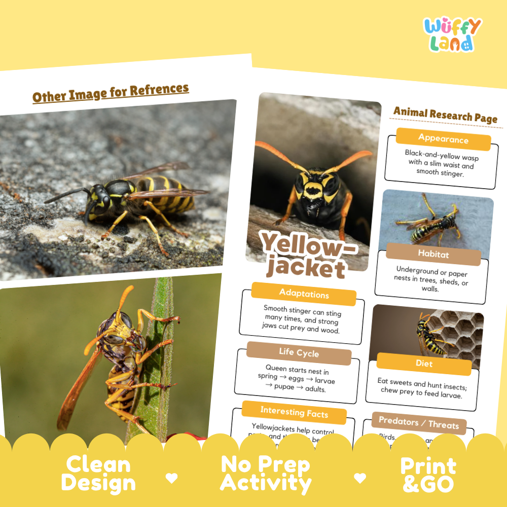 Two printed educational reference sheets about yellow jackets displayed on a yellow background. The sheets include photos of a yellow jacket, labeled facts such as appearance, habitat, adaptations, life cycle, diet, and predators, with the brand name Wiffy Land in the top right.