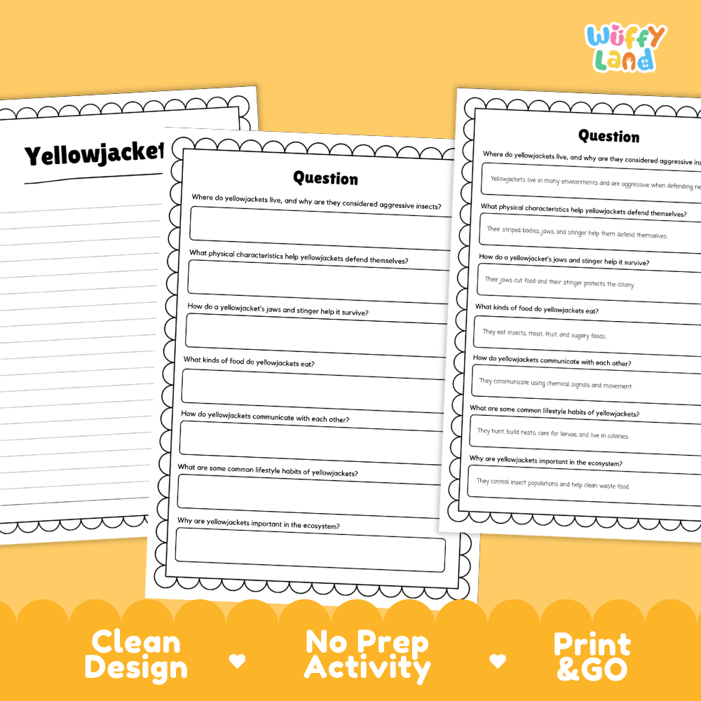 Three printable yellow activity sheets for a yellowjacket science lesson, displayed on a warm yellow background with the brand name 'Wiffly Land' in the top right corner.