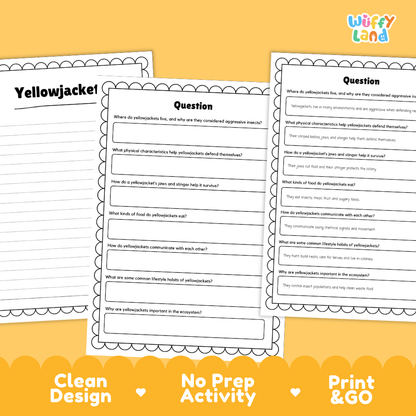 Three printable yellow activity sheets for a yellowjacket science lesson, displayed on a warm yellow background with the brand name 'Wiffly Land' in the top right corner.