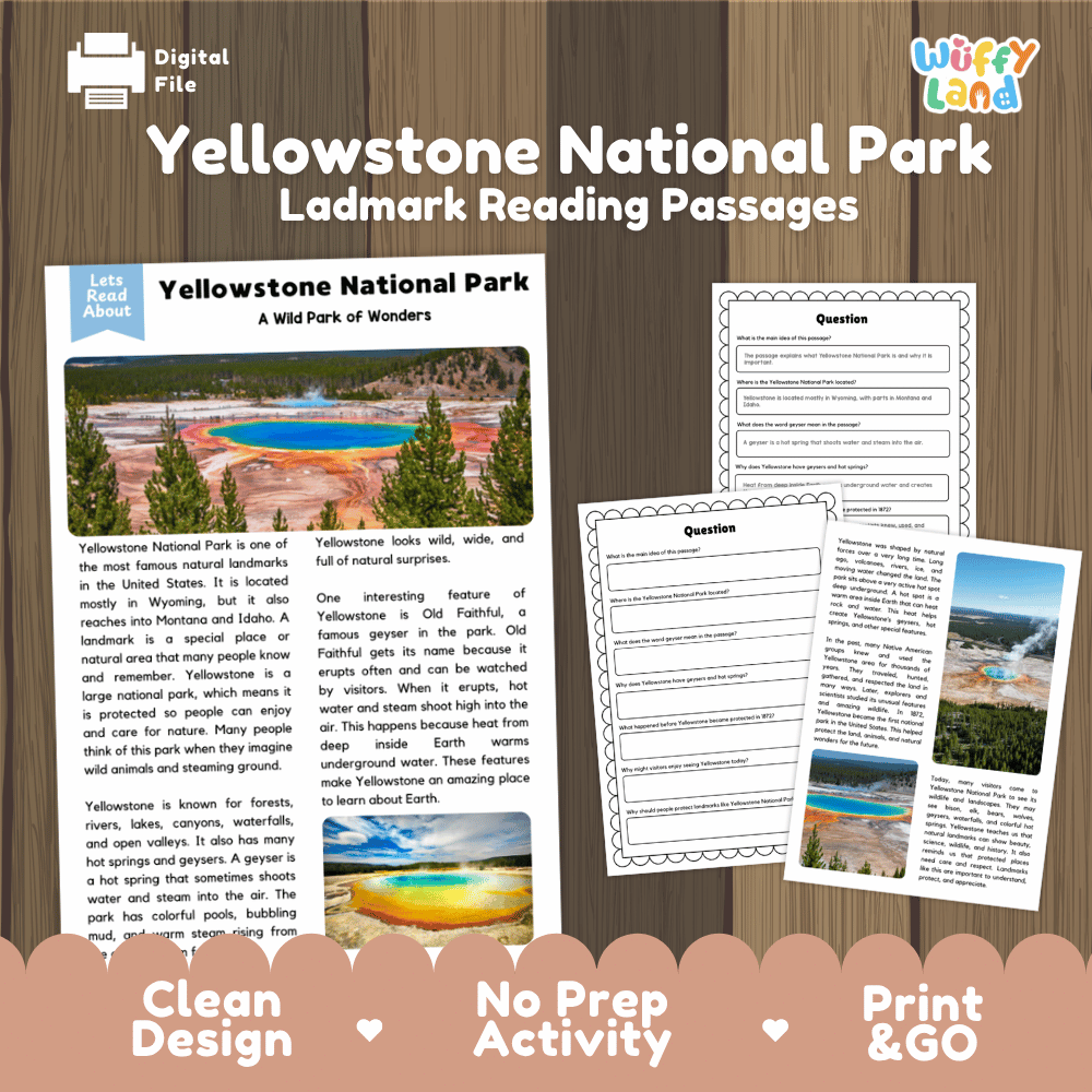 Yellowstone National Park Landmark Reading Passages and Comprehension Worksheets