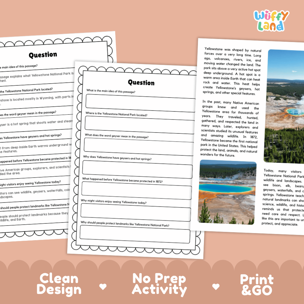 Yellowstone National Park Landmark Reading Passages and Comprehension Worksheets
