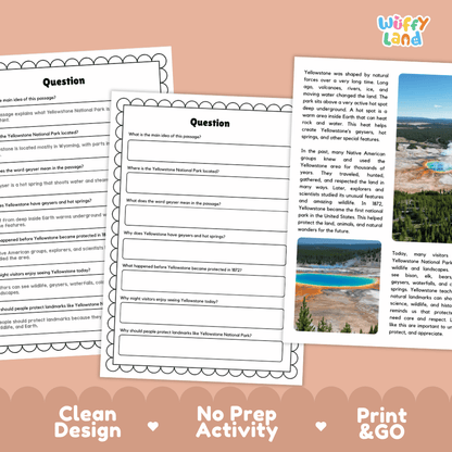 Yellowstone National Park Landmark Reading Passages and Comprehension Worksheets
