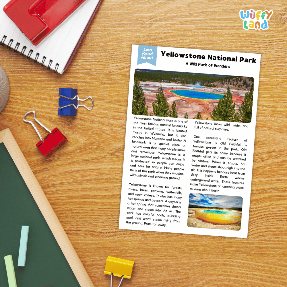 Yellowstone National Park Landmark Reading Passages and Comprehension Worksheets