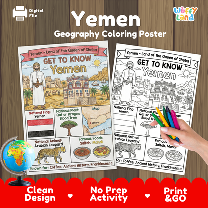 Get to know Yemen coloring poster paired with photo flashcards of Sanaa, Socotra Island, Al Saleh Mosque, and Shibam