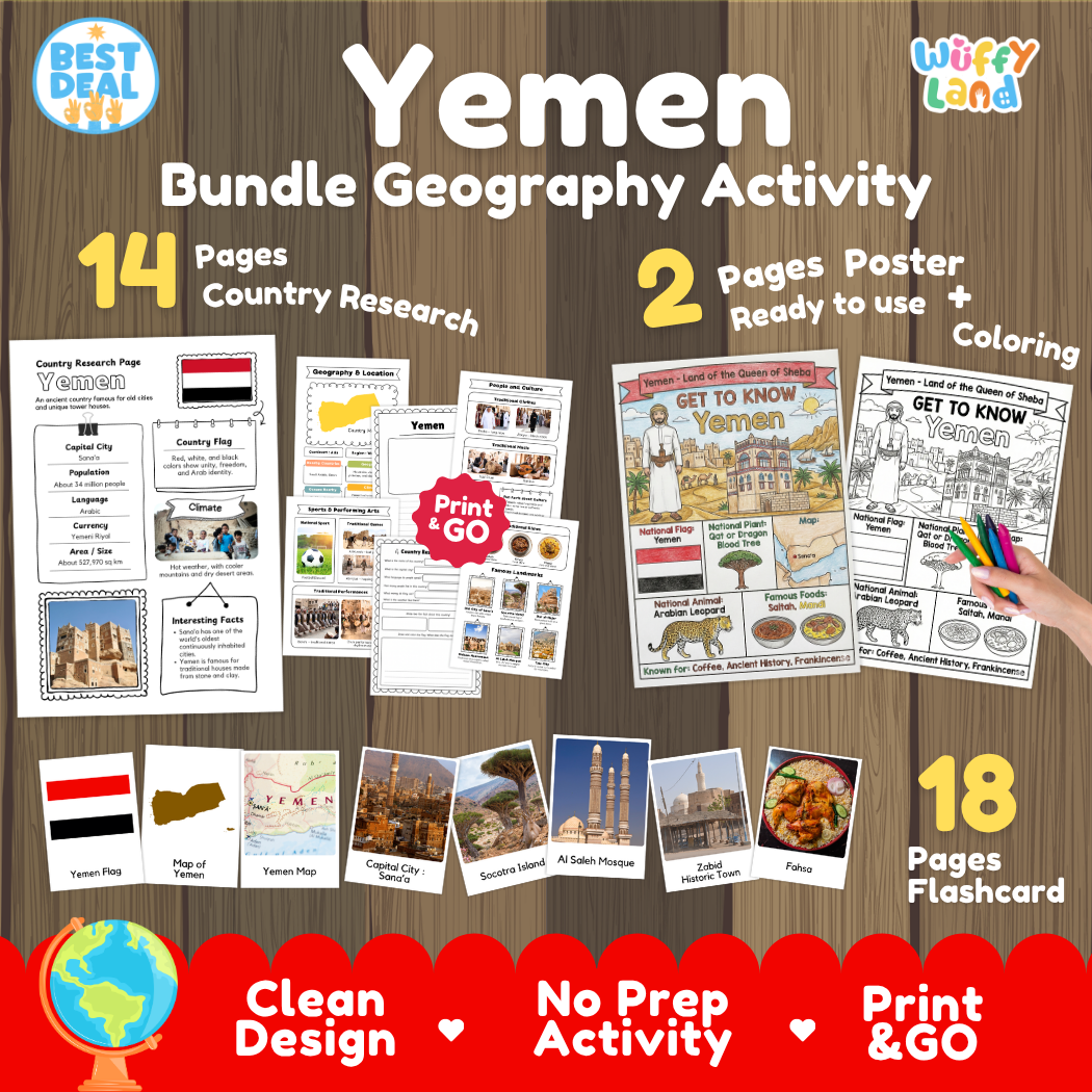 Yemen geography activity bundle cover showing 14 country research pages, 2 ready to use coloring posters, and 18 photo flashcards
