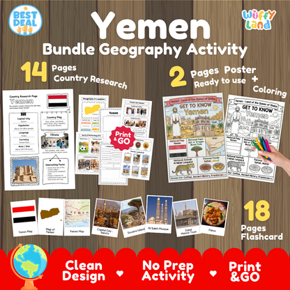 Yemen geography activity bundle cover showing 14 country research pages, 2 ready to use coloring posters, and 18 photo flashcards