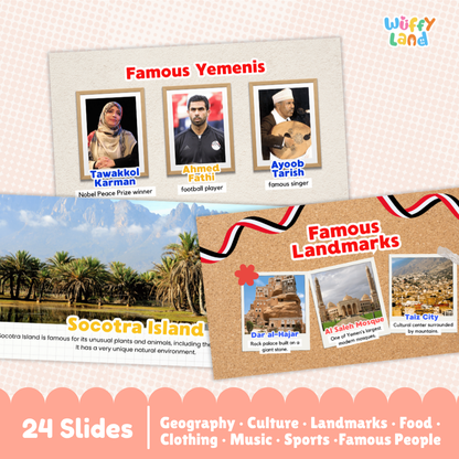 A promotional graphic for a geography and culture slide deck titled 'Famous Yemenis' and 'Famous Landmarks' by Wuffiy Land. The design shows two sample slide layouts on a pink patterned background, with one slide featuring portraits of Yemenis and the other featuring a landscape of Socotra Island.